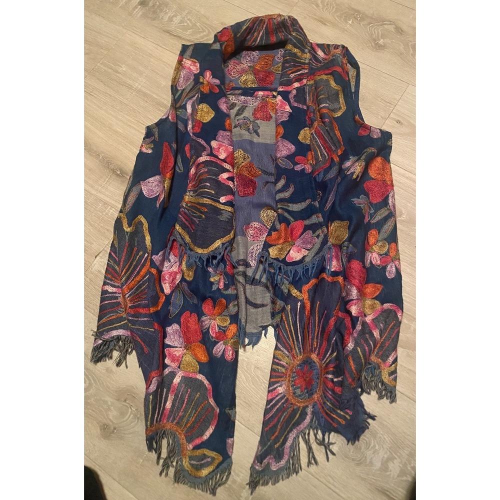 Soft Surroundings Embroidered Floral Fringe Open Front Vest Cardigan L/XL Boho
